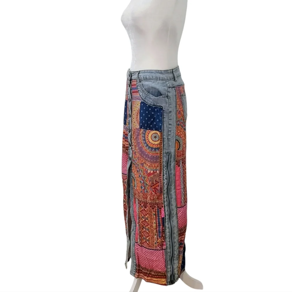 Desigual Wearable Art Multicolor Patchwork Denim Creative Artistic Maxi Skirt - Picture 5 of 16